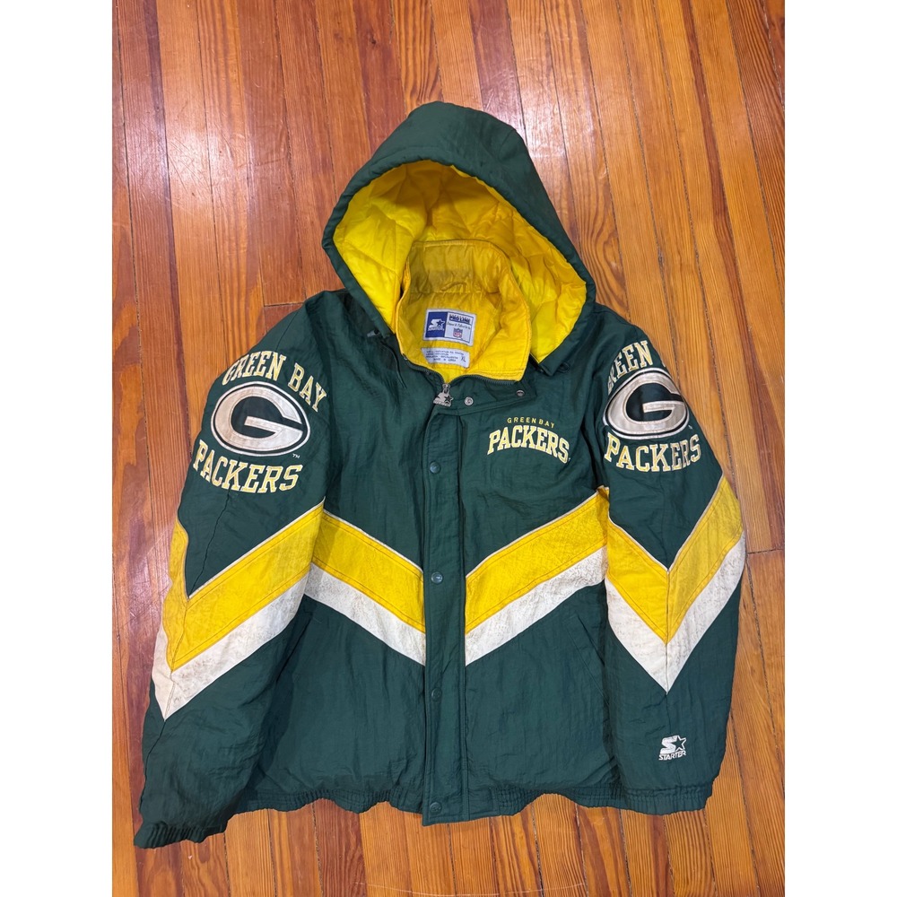Vintage Starter NFL Green Bay Packers Puffer Jacket Hooded Green Yellow XL